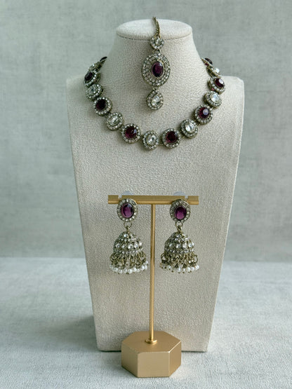 Ayura Designs Eira Necklace Set with Earrings & Tikka – Plum & Crystal Stones with Antique Gold Finish