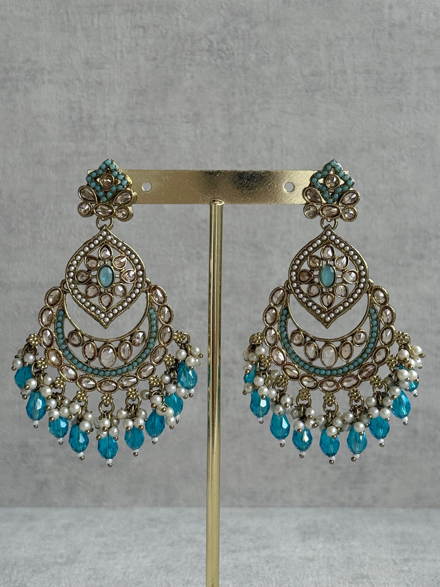 Ayura Designs Azka Set – Necklace, Earrings & Tikka with Turquoise Blue Beads, Ivory Pearls & Champagne Gold Finish