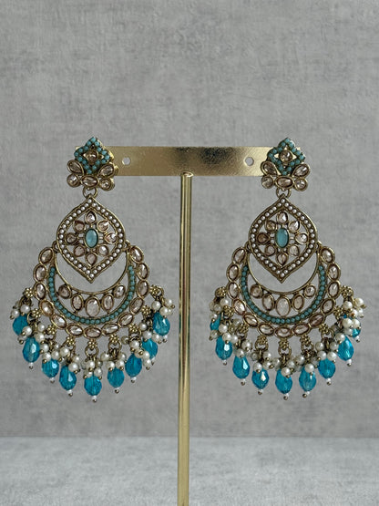 Ayura Designs Azka Set – Necklace, Earrings & Tikka with Turquoise Blue Beads, Ivory Pearls & Champagne Gold Finish