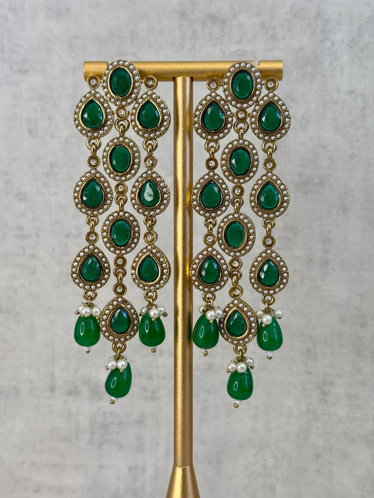 Ayura Designs Mia Earrings – Handcrafted Gold-Toned Cascading Earrings with Green Gemstones, Pearl Accents & Elegant Drop Detailing