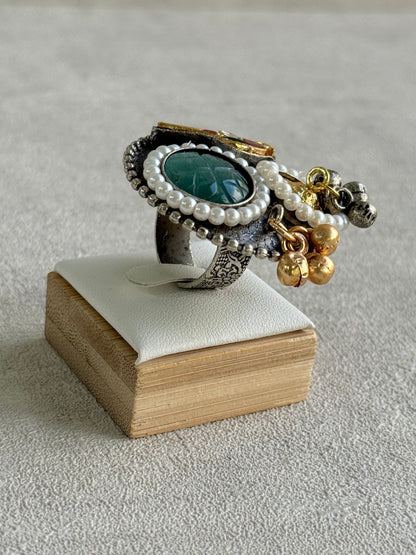Ayura Designs Mihika Adjustable Ring – Oxidised Statement Ring with Green Stone, Pearl Detailing & Parrot Motif