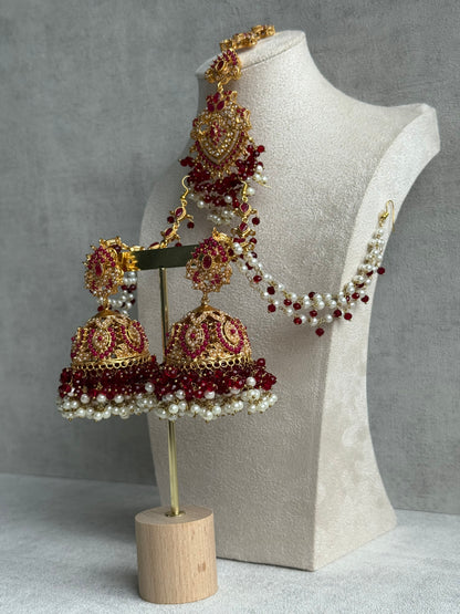 Ayura Designs Safia Tikka Set with Sahare Earrings – Ruby Red Beads & Pearls