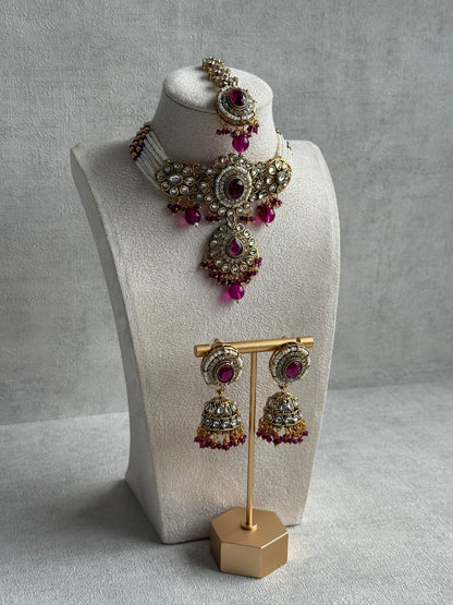 Ayura Designs Muskaan Set – Choker, Jhumkis & Tikka with Magenta Beads, Kundan Stones & Antique Gold Finish