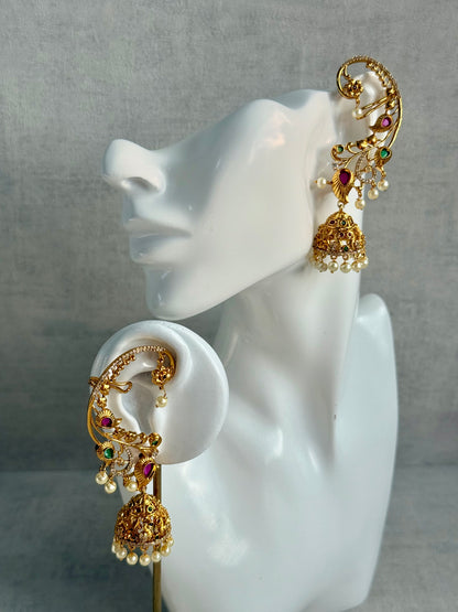 Ayura Designs Nalini Jhumkis – Gold Half Ear Cuffs with Multicolour Stone Accents, Crystal Detailing & Pearl Jhumka Drops