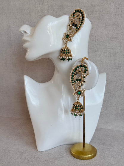 Ayura Designs Urisha Ear Climber Jhumkis – Emerald Green, Kundan & Pearl Detailing