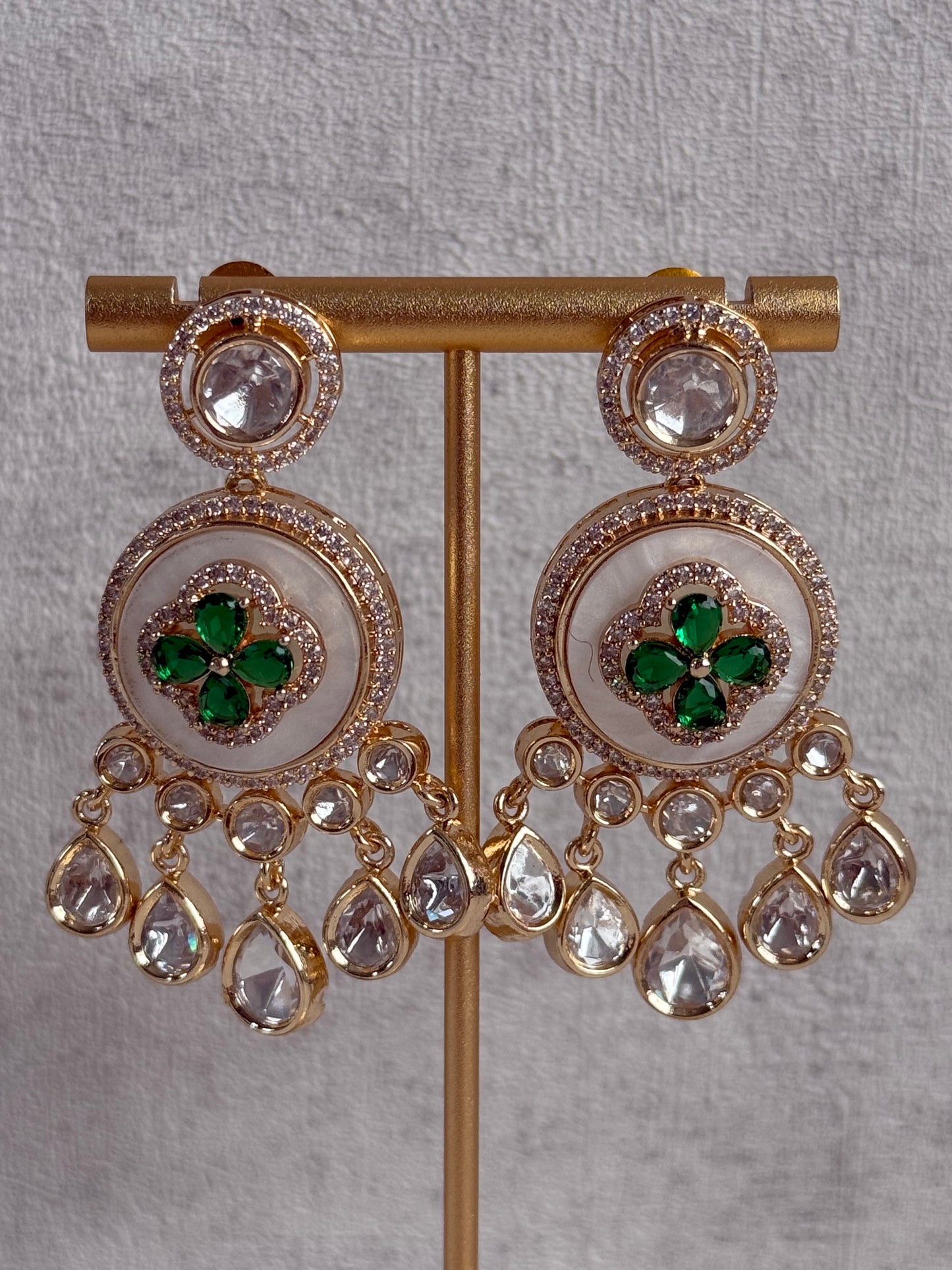 Ayura Designs Wisah Set with Necklace & Earrings – Emerald Green Floral Motifs with Mother of Pearl, Mirror-Cut Stones & Crystal Detailing