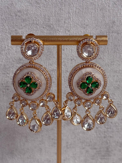 Ayura Designs Wisah Set with Necklace & Earrings – Emerald Green Floral Motifs with Mother of Pearl, Mirror-Cut Stones & Crystal Detailing