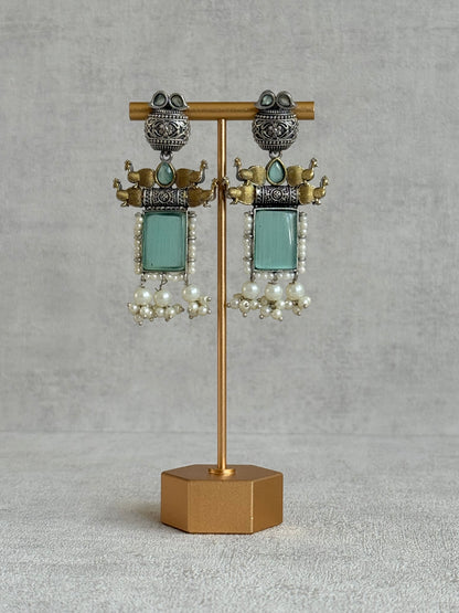 Ayura Designs Khaak Earrings – Oxidised Statement Earrings with Peacock Motifs, Aqua Green Stones & Pearl Clusters