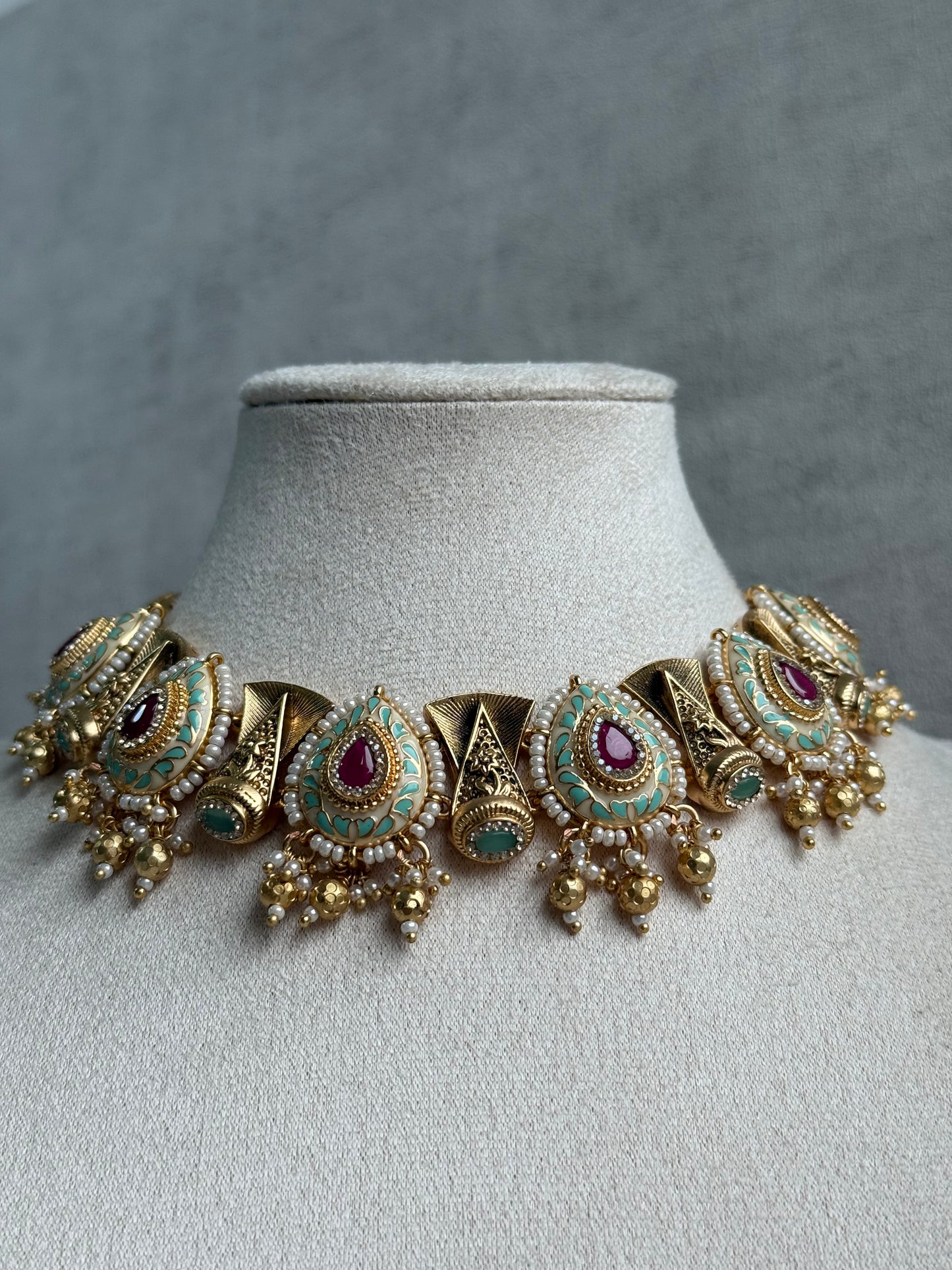 Ayura Designs Aaira Set with Necklace & Studs – Mint Green Meenakari with Rani Pink Centre & Pearl Detailing