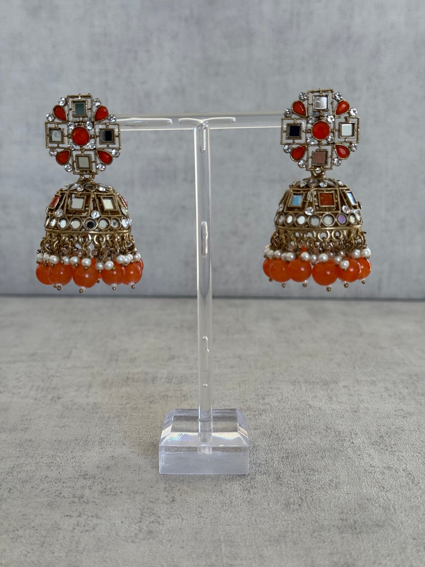 Ayura Designs Heer Tikka Set with Jhumkis – Carnelian Orange, Mirror & Polki Stonework