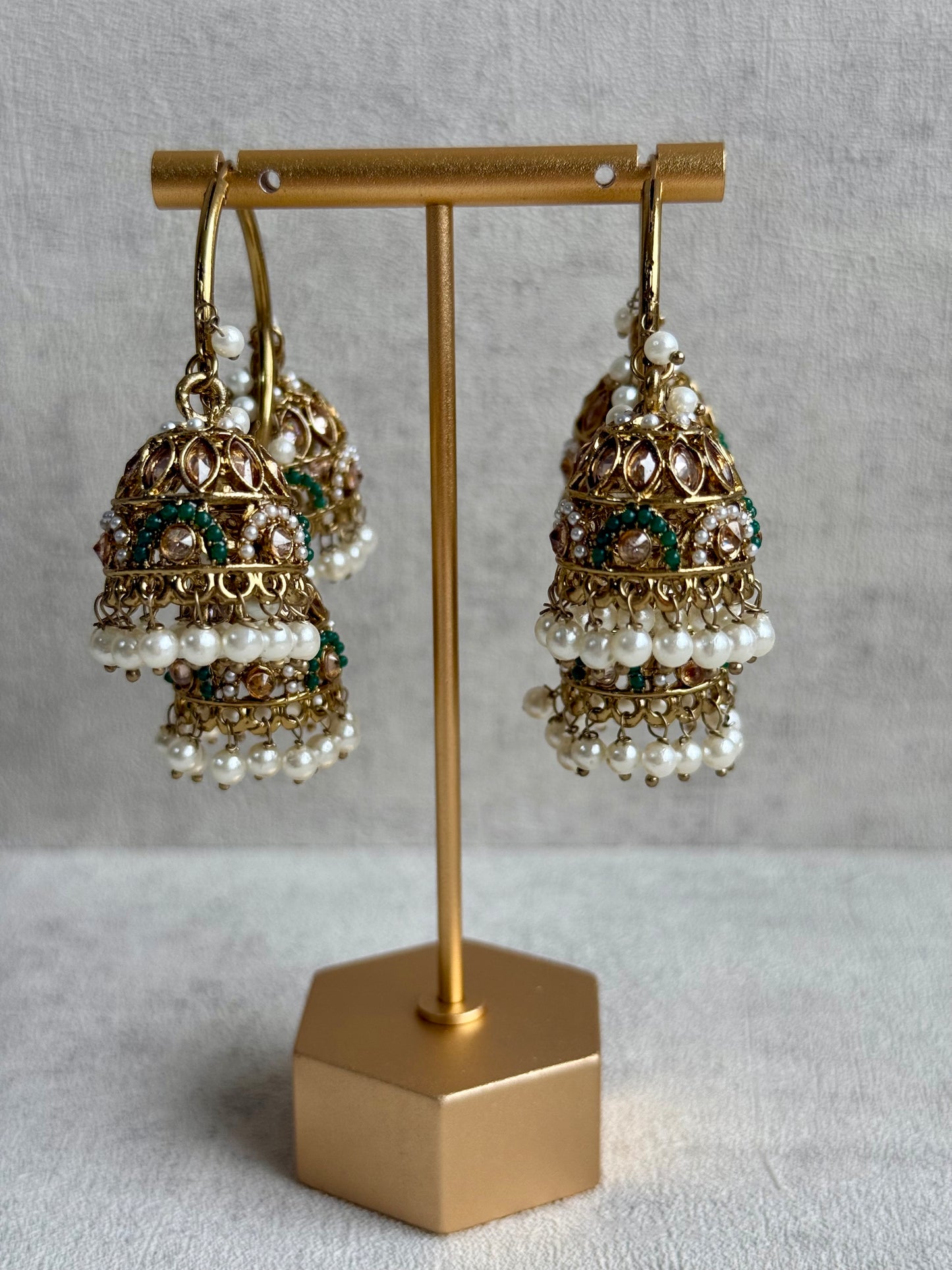 Ayura Designs Nakhra Balis – Emerald Triple Dome Earrings with Mirror-Cut Stones & Pearl Detailing