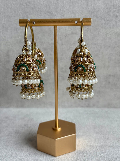 Ayura Designs Nakhra Balis – Emerald Triple Dome Earrings with Mirror-Cut Stones & Pearl Detailing