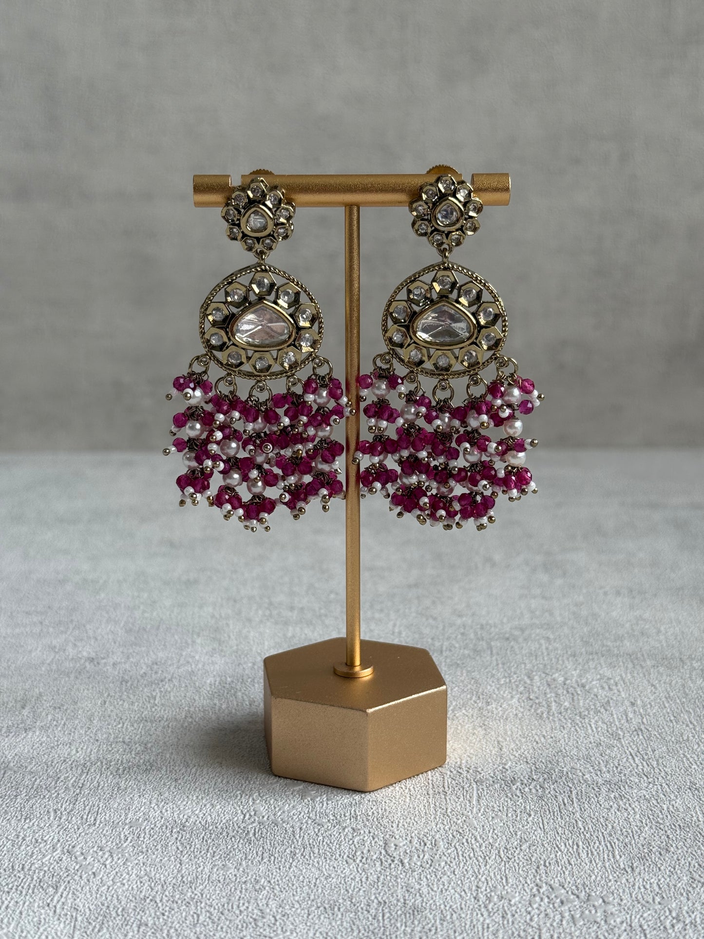 Ayura Designs Sienna Set – Long Layered Necklace & Earrings with Berry Pink Beads, Mirror-Cut Kundan & Pearl Detailing