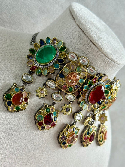 Ayura Designs Verity Choker Set with Earrings – Multicolour Stones, Crystal Accents & Antique Silver Finish