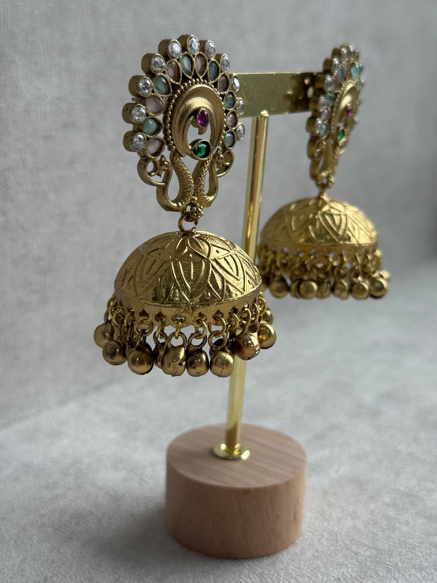 Ayura Designs Moraya Jhumkis – Mint Green & Blush Pink Peacock Motif with Antique Gold Detailing