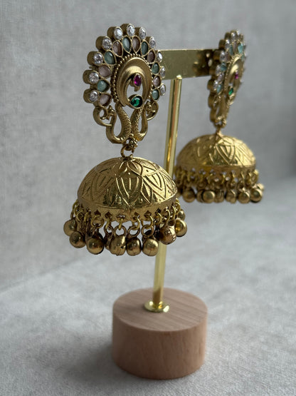 Ayura Designs Moraya Jhumkis – Mint Green & Blush Pink Peacock Motif with Antique Gold Detailing