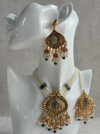 Ayura Designs Afia Necklace Set with Earrings & Tikka – Antique Gold, Emerald Green Beads, Green Centre Stone & Peacock Motifs