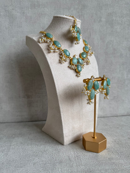 Ayura Designs Anahita Set with Tikka & Earrings – Amazonite, Crystals & Pearls