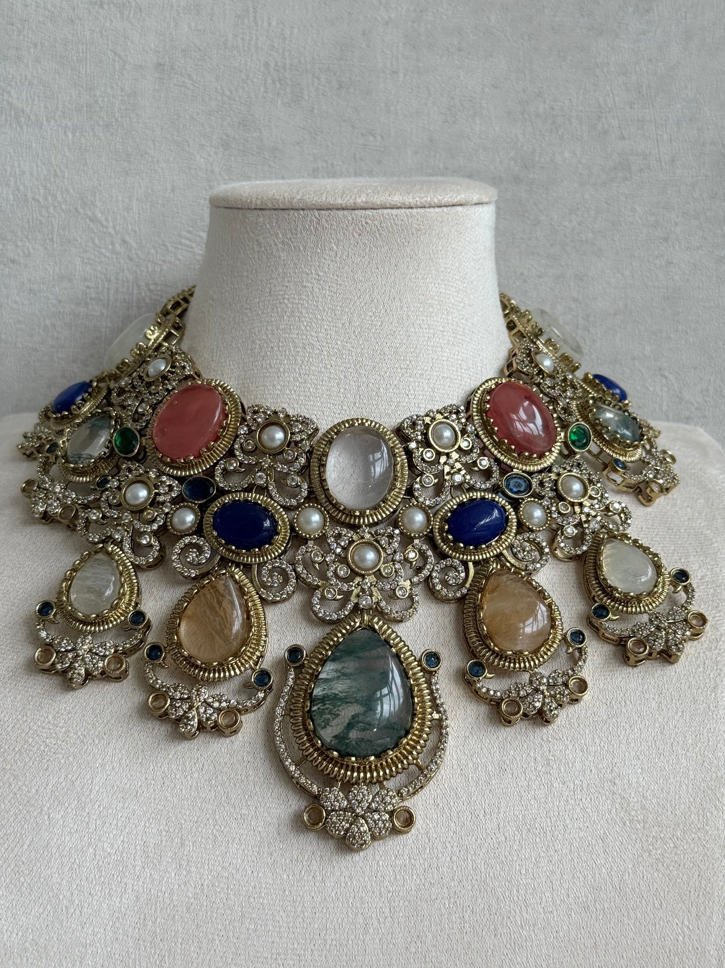 Ayura Designs Kimmy Necklace Set with Earrings – Statement Multicolour Necklace with Marble Stone Details & Crystal Work