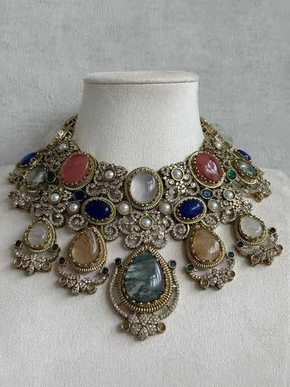 Ayura Designs Kimmy Necklace Set with Earrings – Statement Multicolour Necklace with Marble Stone Details & Crystal Work