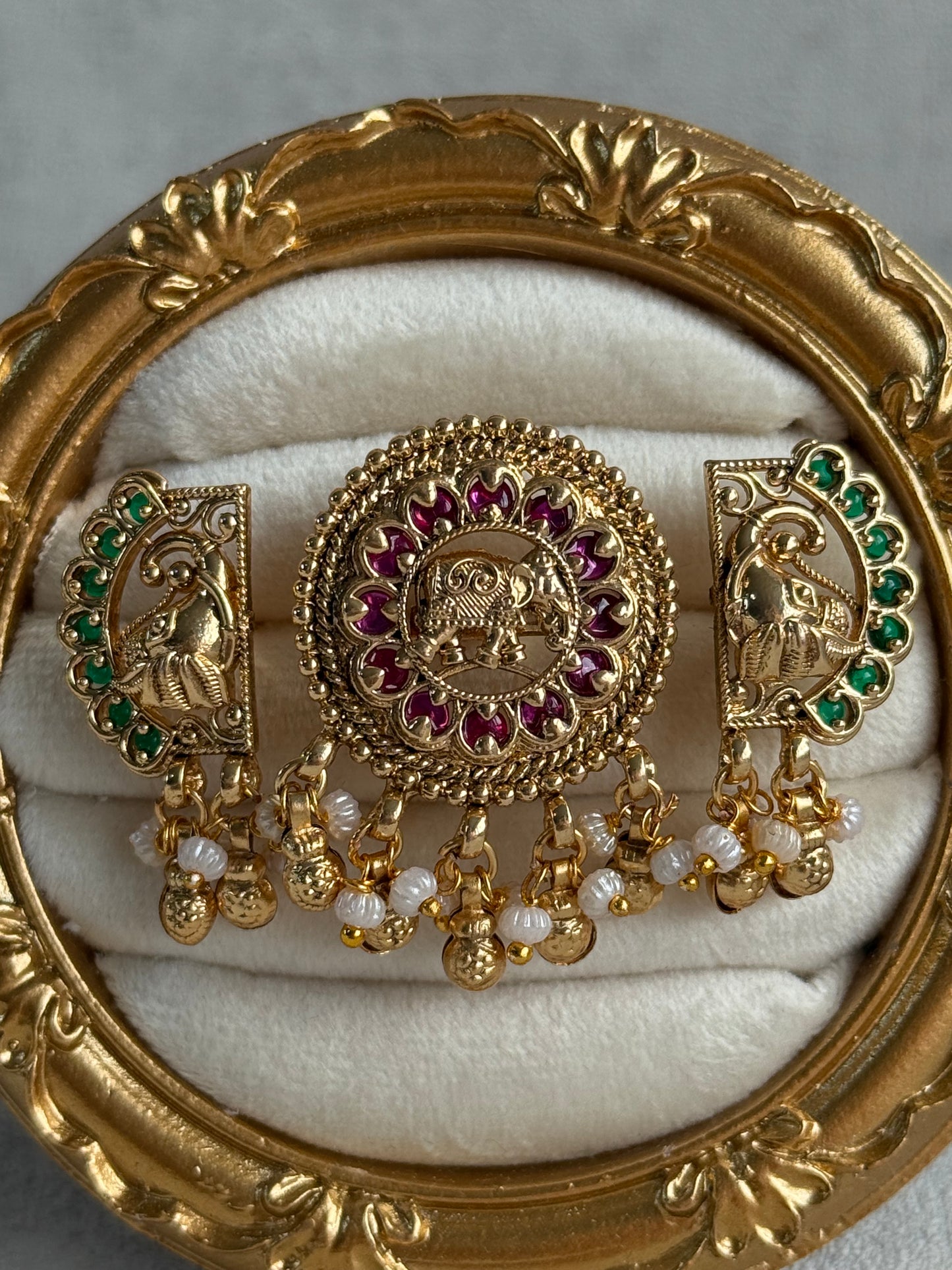 Ayura Designs Nira Adjustable Ring – Jadau-Inspired Gold Elephant Motifs with Rani Pink & Emerald Green Stones, Pearl Drops & Ghungroos