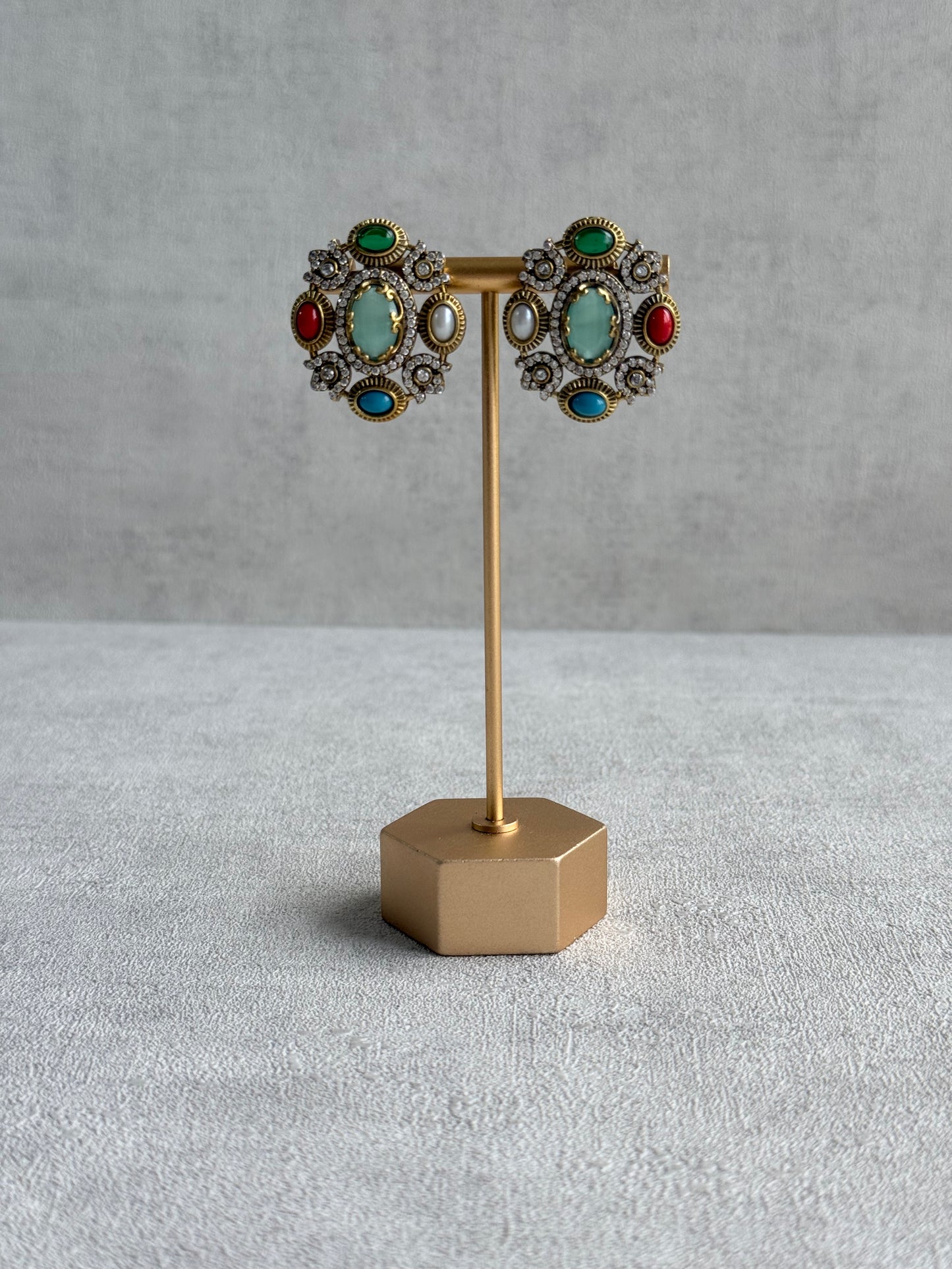 Ayura Designs Celia Stud Earrings – Sea Green & Multicolour Stones with Gold Finish