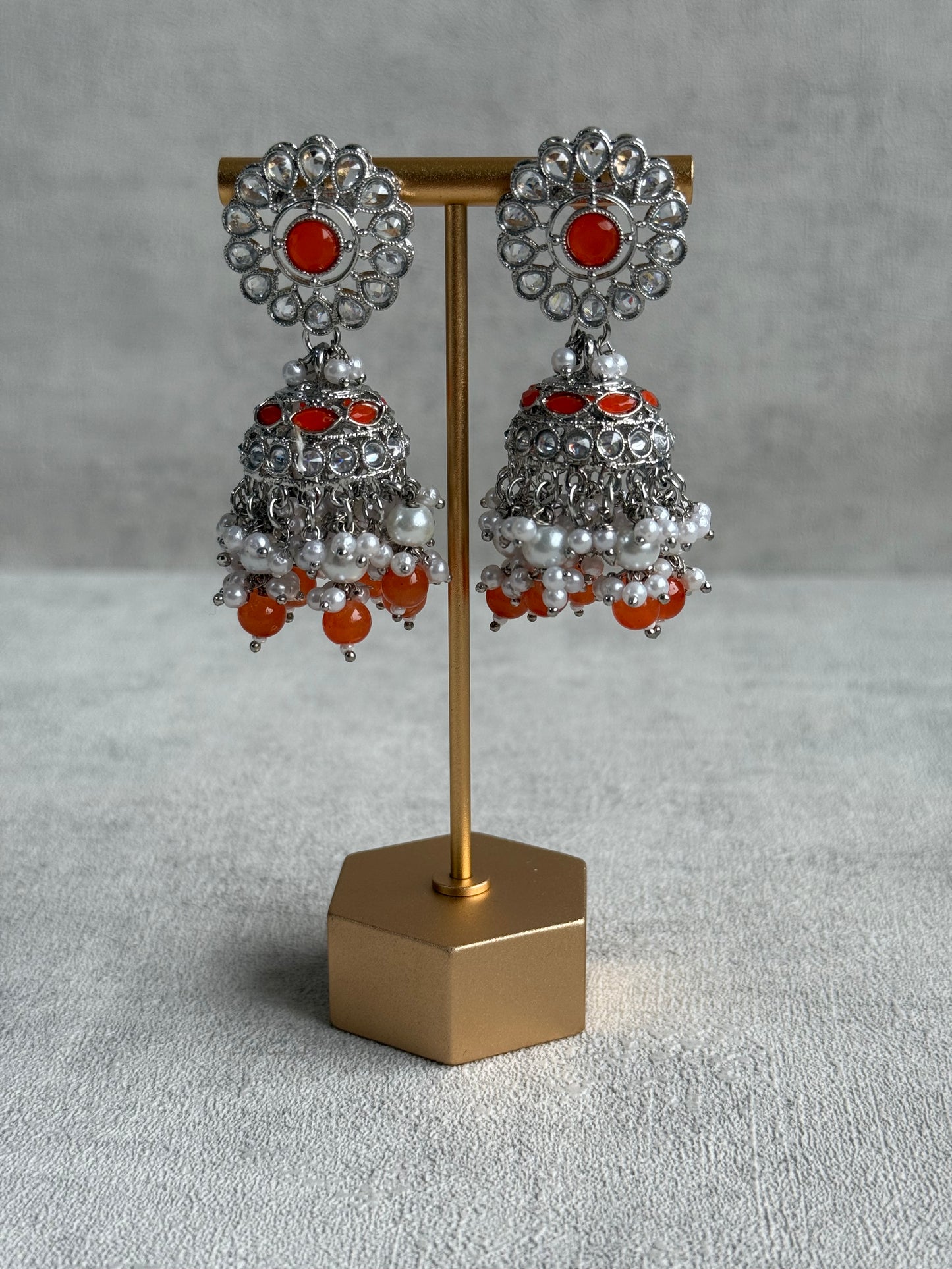 Ayura Designs Barira Set – Necklace, Jhumkis & Tikka with Orange Stones, Pearls & Antique Silver Finish