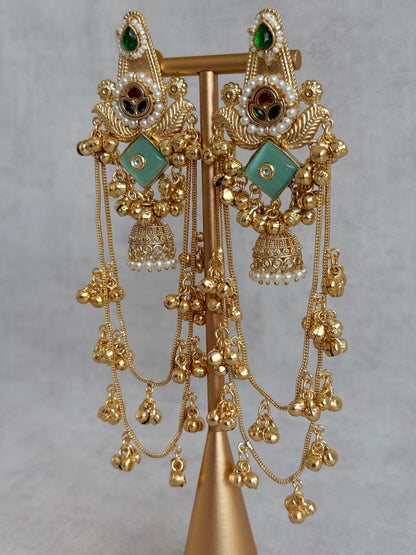 Ayura Designs Simal Earrings – Kashmiri Earrings with Mint Stone, Multicoloured Detailing, Layered Ghungroo Chains & Jhumkis