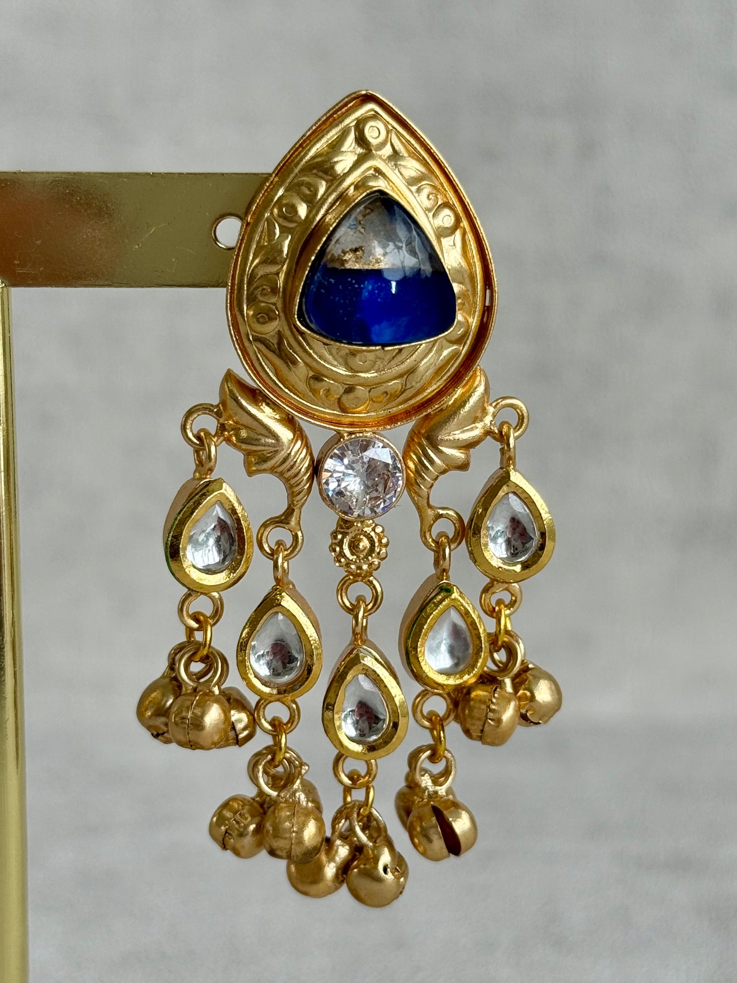 Ayura Designs Arheer Earrings – Sapphire Blue Marble with Kundan Detailing & Antique Gold Ghungroos