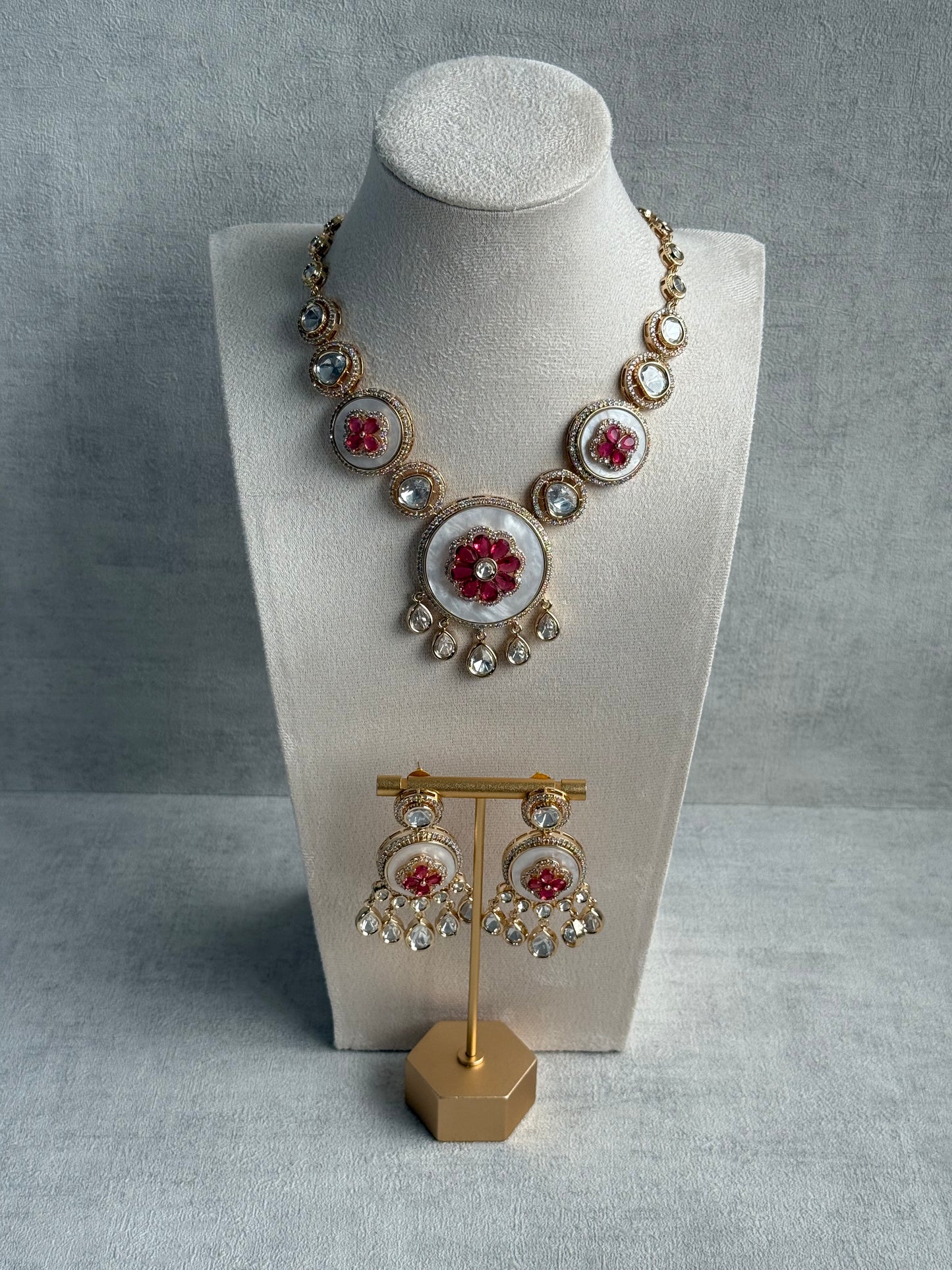 Ayura Designs Wisah Set – Necklace & Earrings with Mother of Pearl, Ruby Pink Stones & Mirror-Cut Detailing