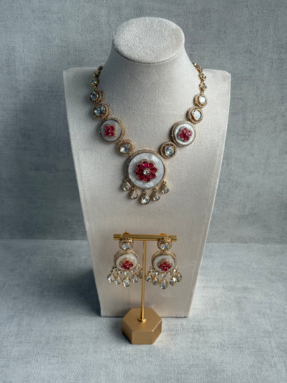 Ayura Designs Wisah Set – Necklace & Earrings with Mother of Pearl, Ruby Pink Stones & Mirror-Cut Detailing