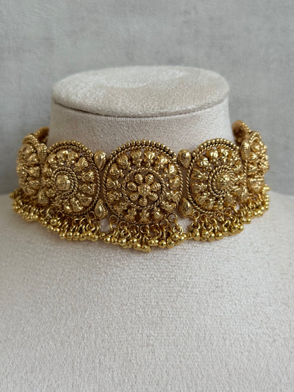 Ayura Designs Nawabi Choker Set with Jhumkis & Tikka – Traditional Gold Tone Bridal Choker with Floral Motifs & Ghungroo Detailing