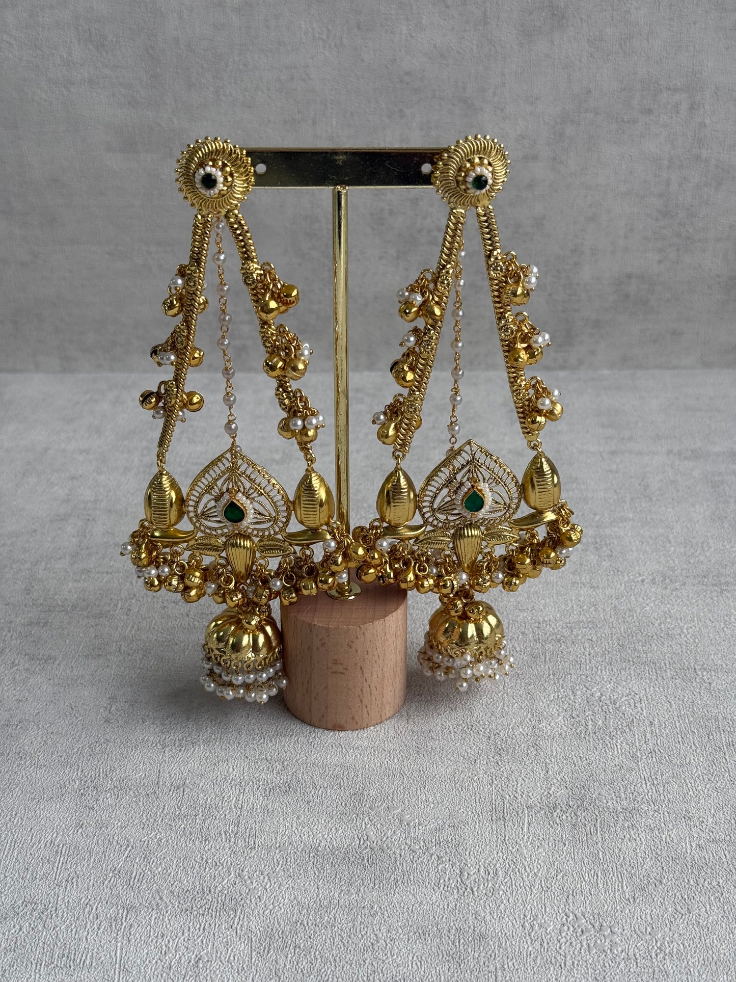 Ayura Designs Teja Earrings – Antique Gold Jhumkis with Emerald Stone & Pearl Detailing
