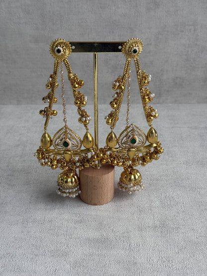 Ayura Designs Teja Earrings – Antique Gold Jhumkis with Emerald Stone & Pearl Detailing