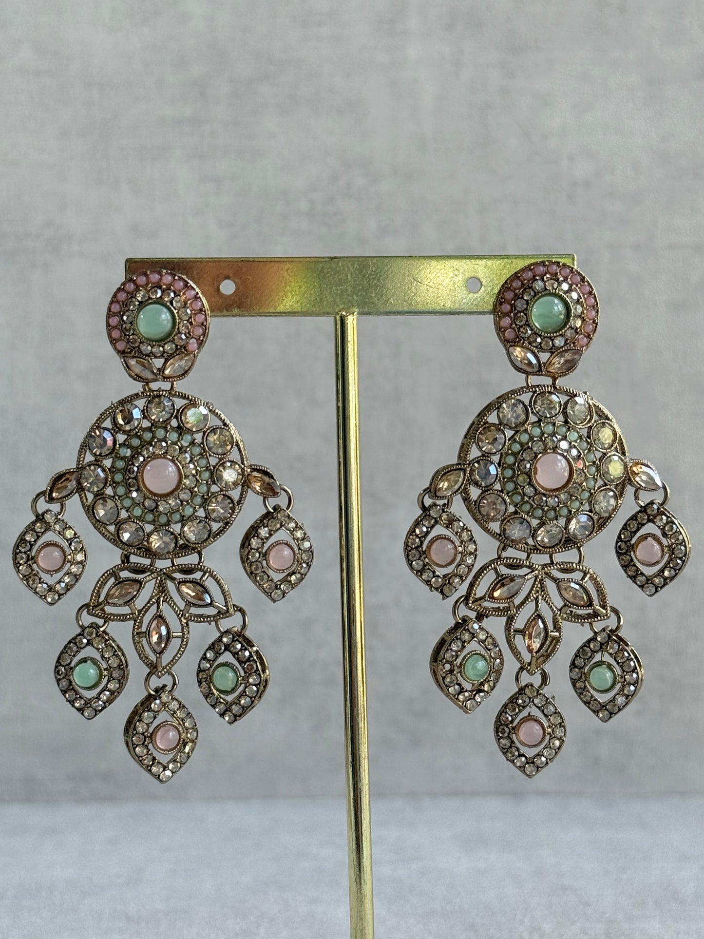 Ayura Designs Vanika Earrings – Mint Green, Blush Pink & Champagne Crystal Gold Finish