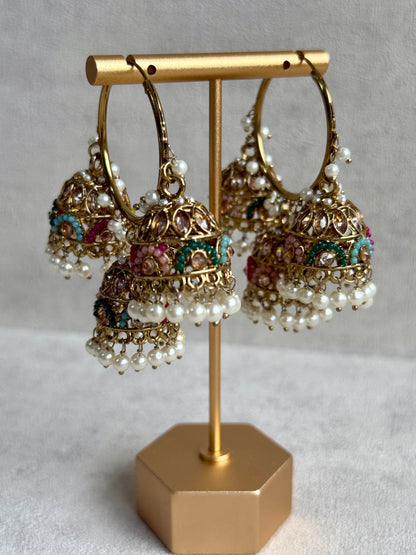 Ayura Designs Nakhra Balis – Multicolour Triple Dome Earrings with Mirror-Cut Stones & Pearl Detailing