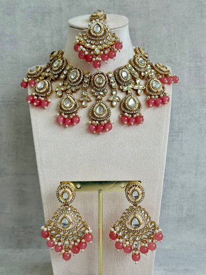 Ayura Designs Janvi Set with Necklace, Earrings & Tikka – Kundan Detailing, Peach Beads & Pearls Drops