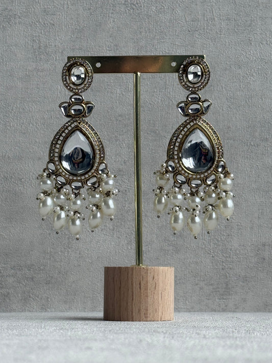 Ayura Designs Nageen Earrings – Antique Gold Jhumkis with Mirror-Cut Stones & Ivory Pearl Drops