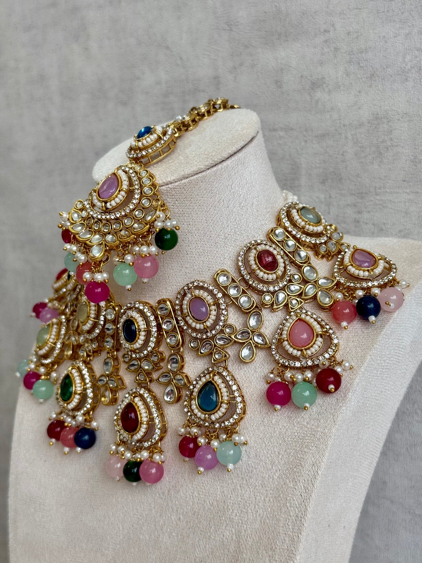 Ayura Designs Janvi Set with Necklace, Earrings & Tikka – Kundan Detailing, Multicolour Beads & Pearl Drops