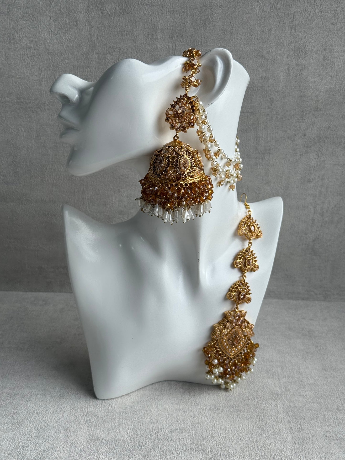 Ayura Designs Safia Tikka Set with Sahare Earrings – Champagne Gold Beads & Pearls