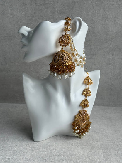 Ayura Designs Safia Tikka Set with Sahare Earrings – Champagne Gold Beads & Pearls