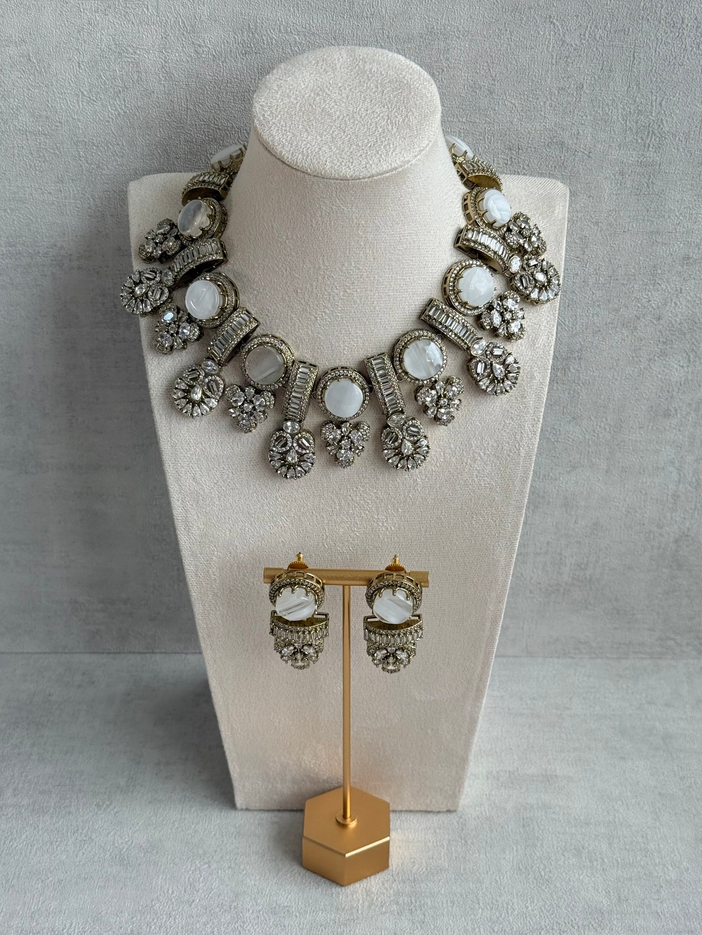 Ayura Designs Aabira Necklace Set with Earrings – White Marble Stones with Moissanite Style Detailing
