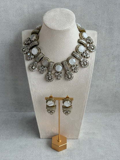Ayura Designs Aabira Necklace Set with Earrings – White Marble Stones with Moissanite Style Detailing