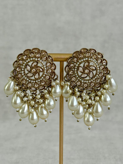 Ayura Designs Aynoor Petal Frame Earrings – Antique Gold Finish with Mirror-Cut Stones & Pearl Drops