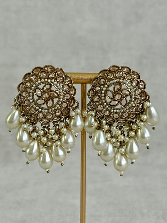 Ayura Designs Aynoor Petal Frame Earrings – Antique Gold Finish with Mirror-Cut Stones & Pearl Drops