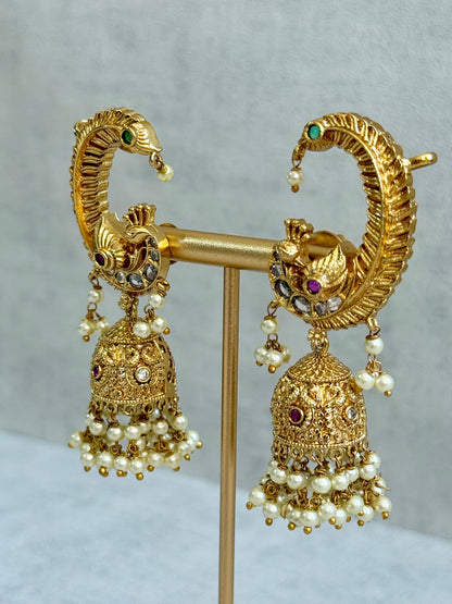 Ayura Designs Mythili Jhumkis – Half Ear Cuffs in Antique Gold with Peacock Design, Pink & Emerald Green Stones and Pearl Drops