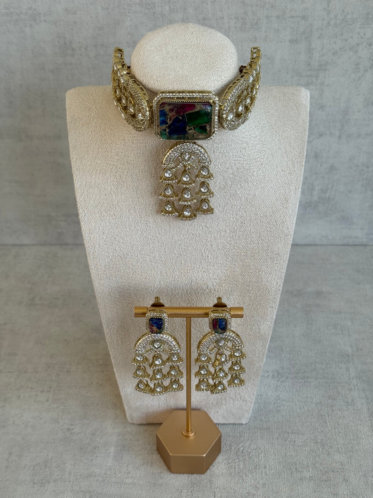 Ayura Designs Isla Choker Set with Earrings – Multicolour Marble & Moissanite Stones