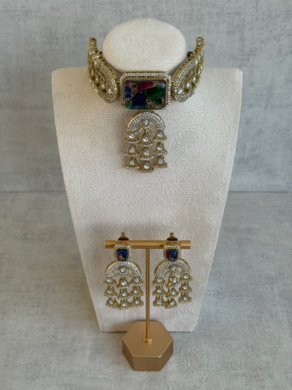 Ayura Designs Isla Choker Set with Earrings – Multicolour Marble & Moissanite Stones