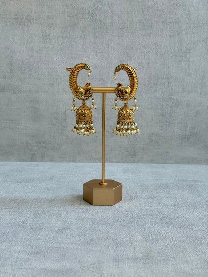 Ayura Designs Mythili Jhumkis – Half Ear Cuffs in Antique Gold with Peacock Design, Emerald Green Stones and Pearl Drops