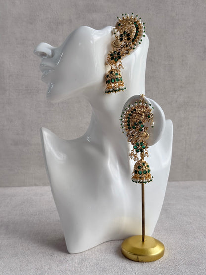 Ayura Designs Nitya Kaanphool Jhumkis – Gold Peacock Motifs, Emerald Green Kundan & Pearl Drops with Attached Sahare
